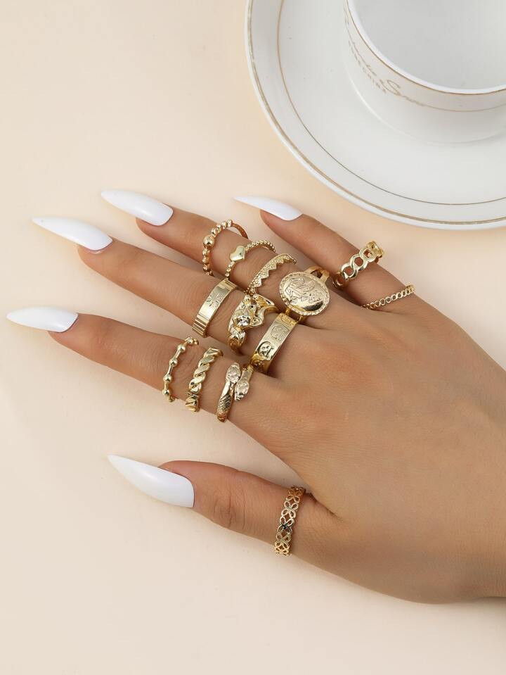 13pcs/set Fashionable Geometric Twist, Cat, Heart, Snake Design Dating Ring Set | SHEIN