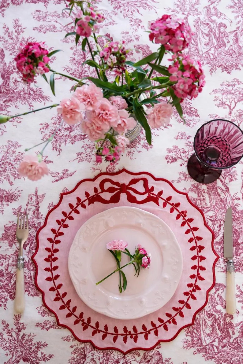 Pink Scalloped Embroidered Placemat with Red Bow Detail, Valentine\u2019s Day Table Decor, Romant... | Etsy (Global)
