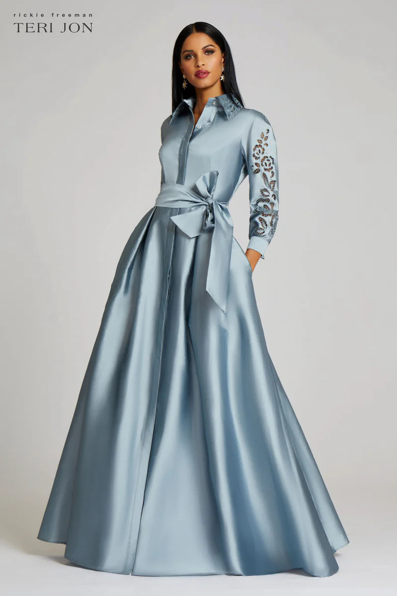Taffeta Shirtdress Gown With Eyelet Sleeve and Collar | TERIJON