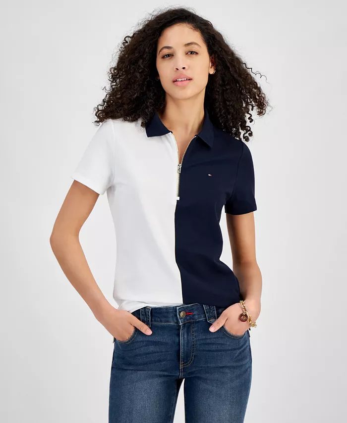 Tommy Hilfiger Women's Colorblock Zip-Front Polo Shirt - Macy's | Macy's