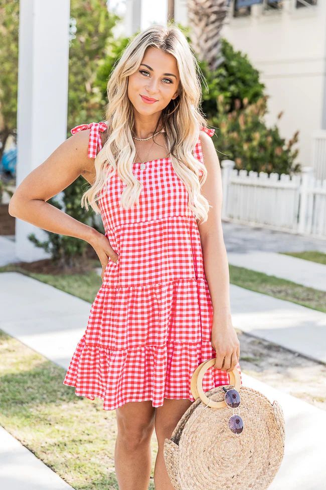 Morning Grace Red Tie Sleeve Gingham Mini Dress | Pink Lily