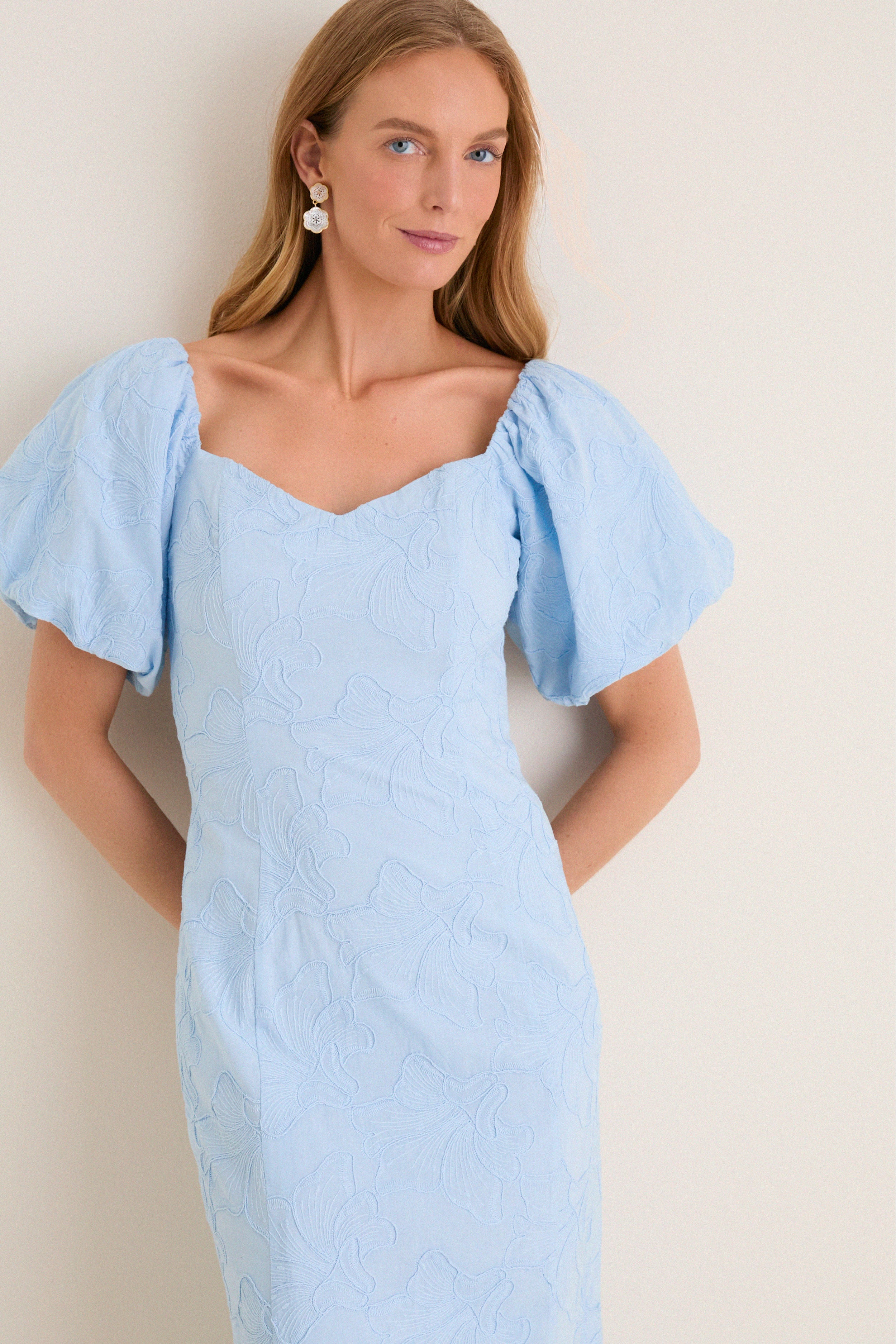 Pale Blue Embroidered Ginkgo Leaf Sallie Midi Dress | Tuckernuck (US)