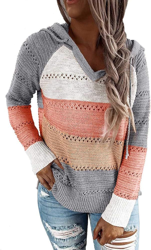 Hibluco Womens Striped Color Block Pullover Sweater Long Sleeve V Neck Knit Drawstring Hoodie | Amazon (US)