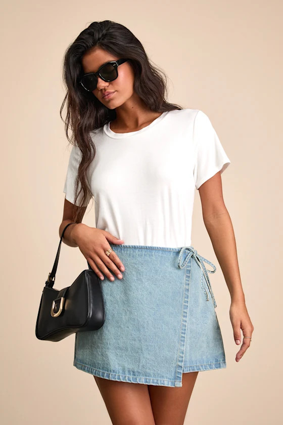 Eileen Light Wash Denim Faux-Wrap Mini Skirt | Lulus