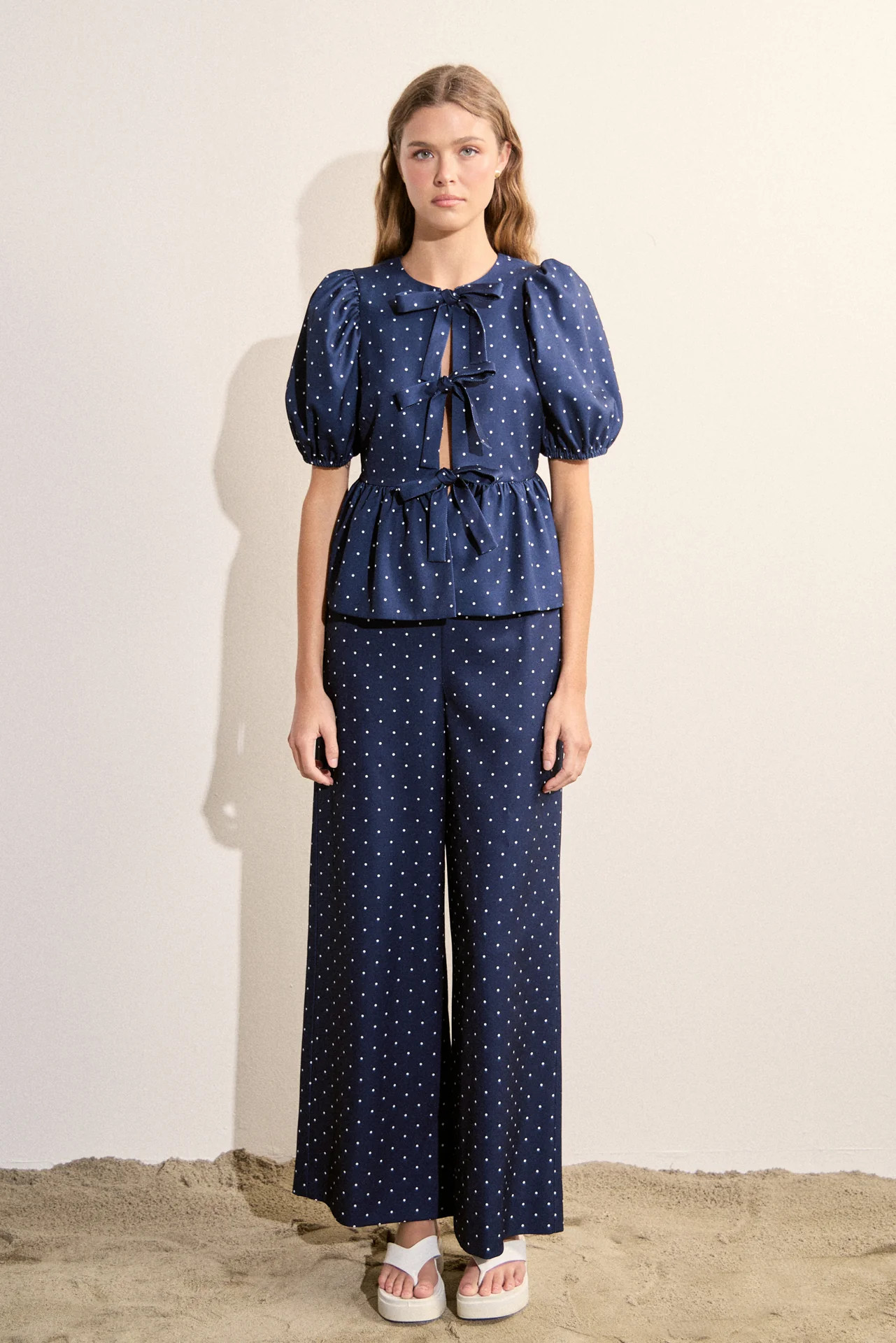 Polka Dot Tie Front Puff Sleeve Top | English Factory