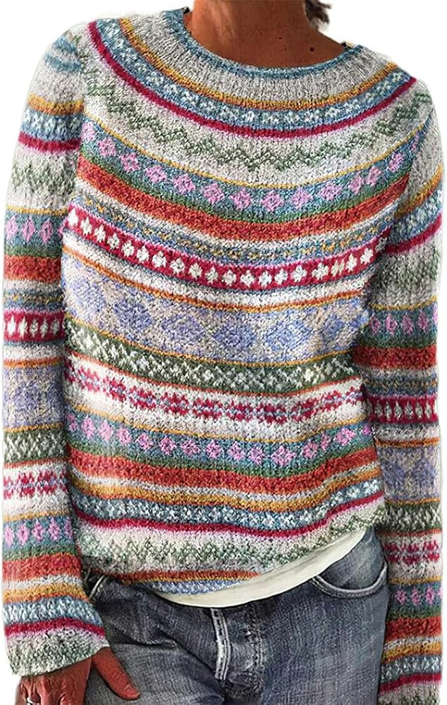 Womens Fair Isle Sweaters Trendy Fall Winter Casual Vintage Striped Crewneck Long Sleeve Oversize... | Amazon (US)