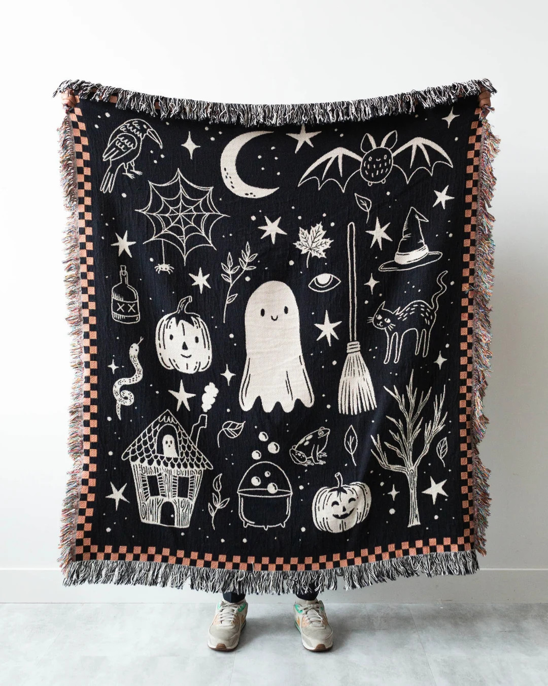Halloween Throw Blanket: Cute Ghost Decor, Moon Bat Spider, Orange Black Checkered, Unique Whimsi... | Etsy (US)