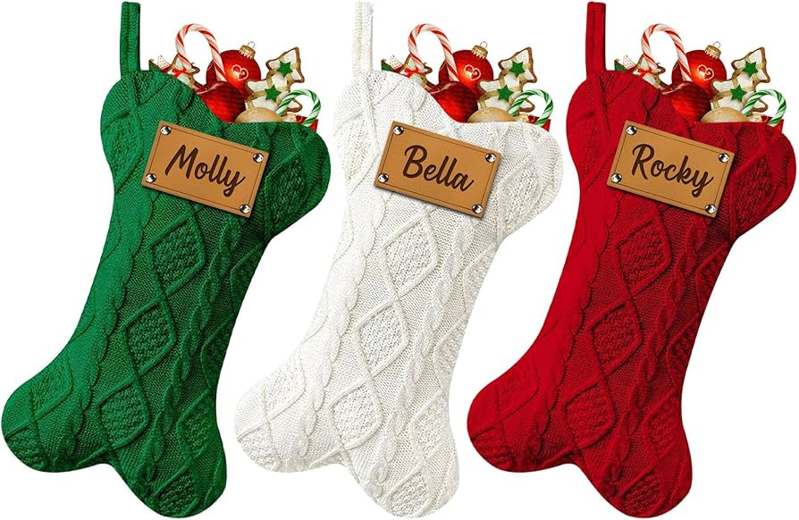 Funny DIY Personalized Dog Christmas Stocking, Large Bone Shape Cable Knit Custom Name Embroidere... | Amazon (US)
