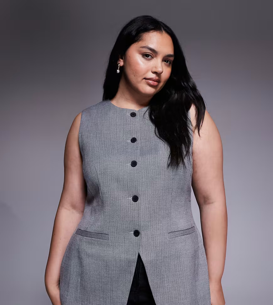 ASOS DESIGN Curve tailored high neck moulded hip waistcoat in mono herringbone-Multi | ASOS (Global)