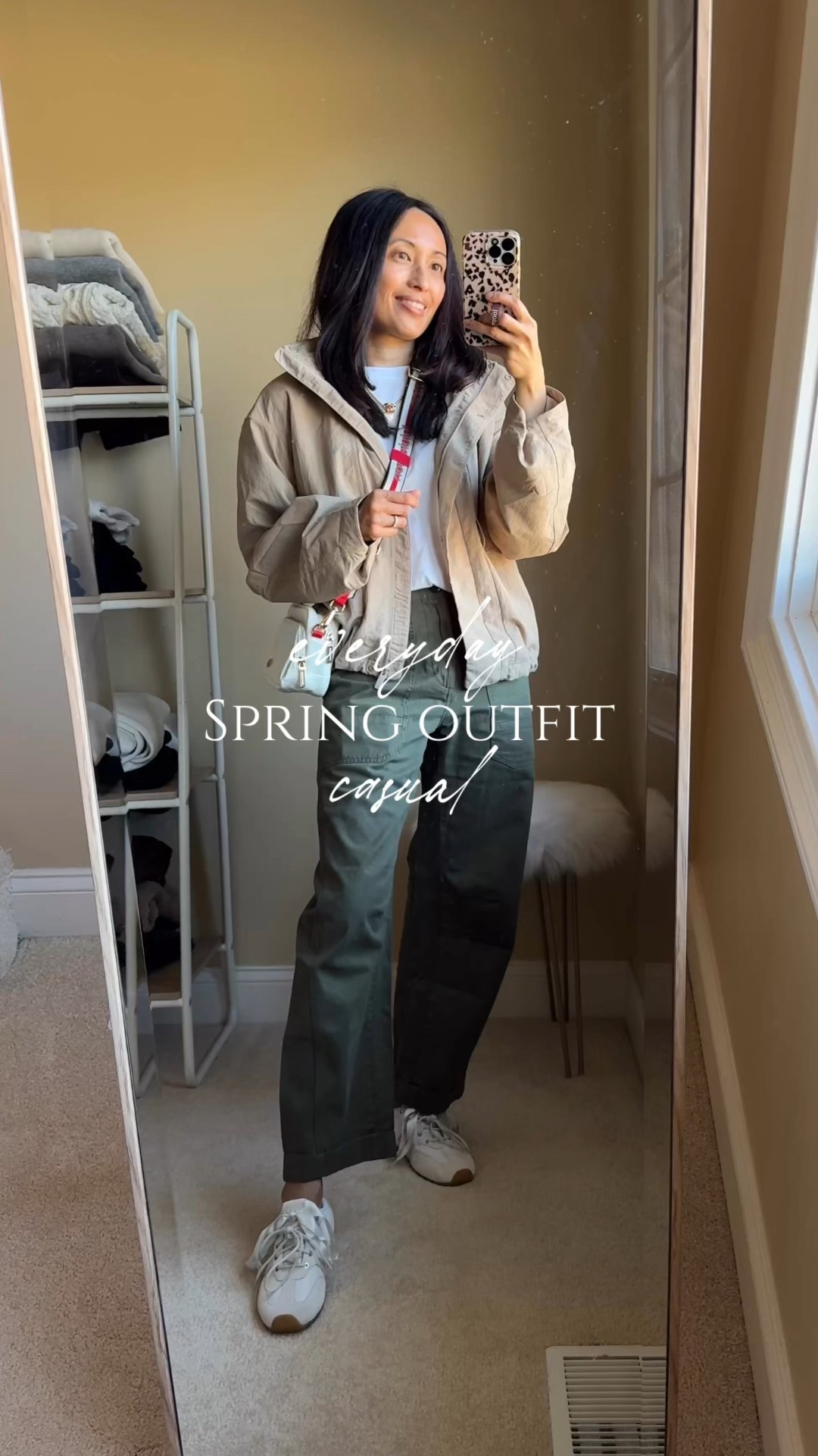 Spring jacket  Everyday casual Spring outfit. 
Timeless style with good basics: 
- khaki jacket 
- white t-shirt
- casual cotton pants 
- sneakers 
- crossbody bag
- everyday jewelry 

Exact items:
- jacket:  I love a funnel neck. This athleisure style has great details, seems good material/ quality, and has a hidden hood. I sized up here, but going to exchange for my true size. Perfect spring jacket and would be good for travel. 
- favorite white t-shirt: wearing a size up here but I also wear true to size. 
- olive pants: cute casual style that is a nice change up from jeans or black athleisure bottoms. Size down. 
- crossbody bag: the strap makes the bag with the perfect pop of red against neutral stripes. Perfect for everyday essentials or as a travel bag. 
- white sneakers: trending slim profile ballerina style. 
- everyday gold jewelry with a hint of color. 

#LTKActive #LTKTravel #LTKOver40