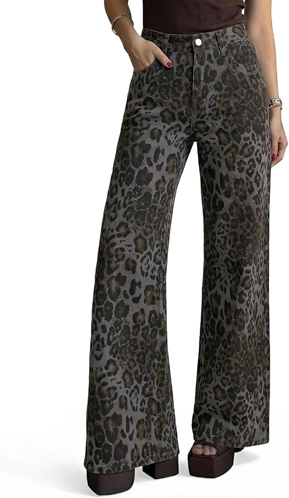 Cicy Bell Womens Wide Leg High Waisted Leopard Baggy Stretchy Jeans | Amazon (US)