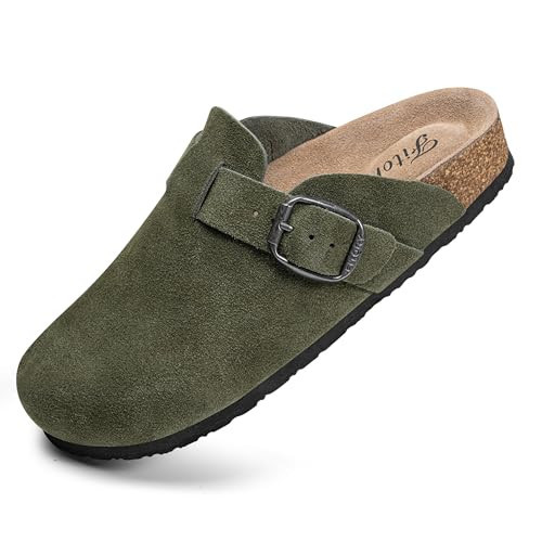 FITORY Womens Clogs Slip-on Potato Shoes Leather Mules with Suede Cork Footbed Green Size 8.5 | Amazon (US)
