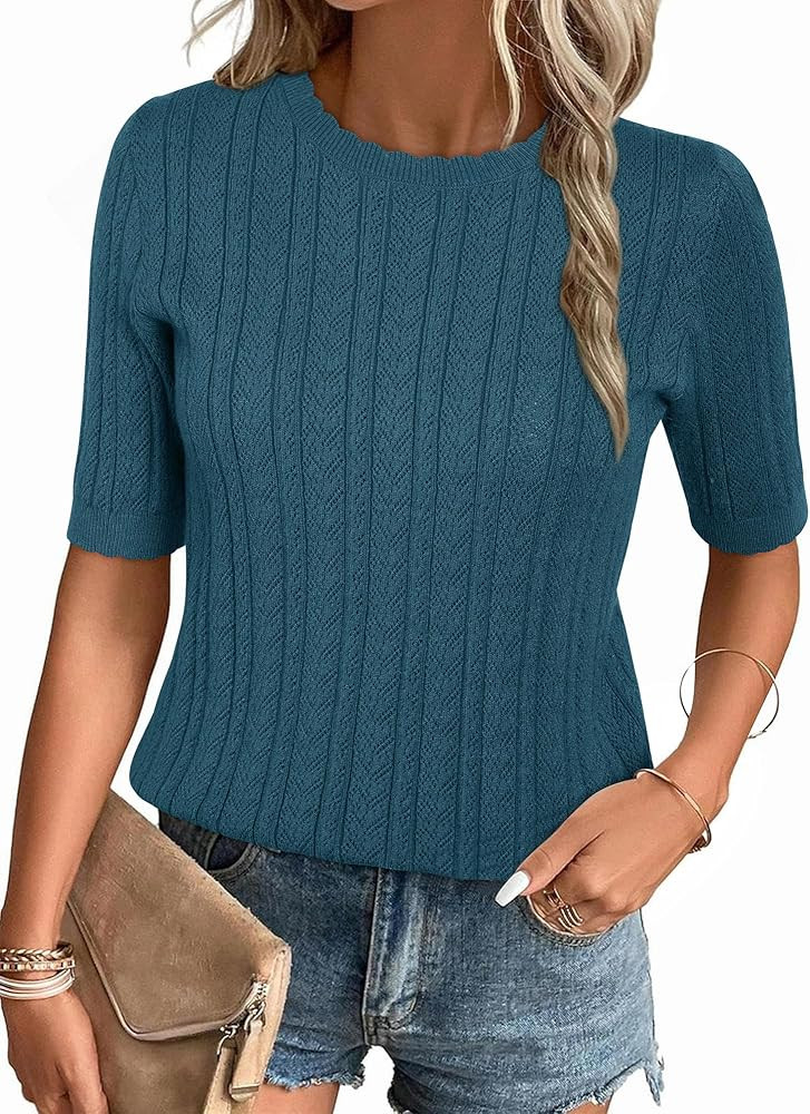 Arach&Cloz Women's Spring Summer Scalloped Short Sleeve Tops Textured Shirts | Amazon (US)