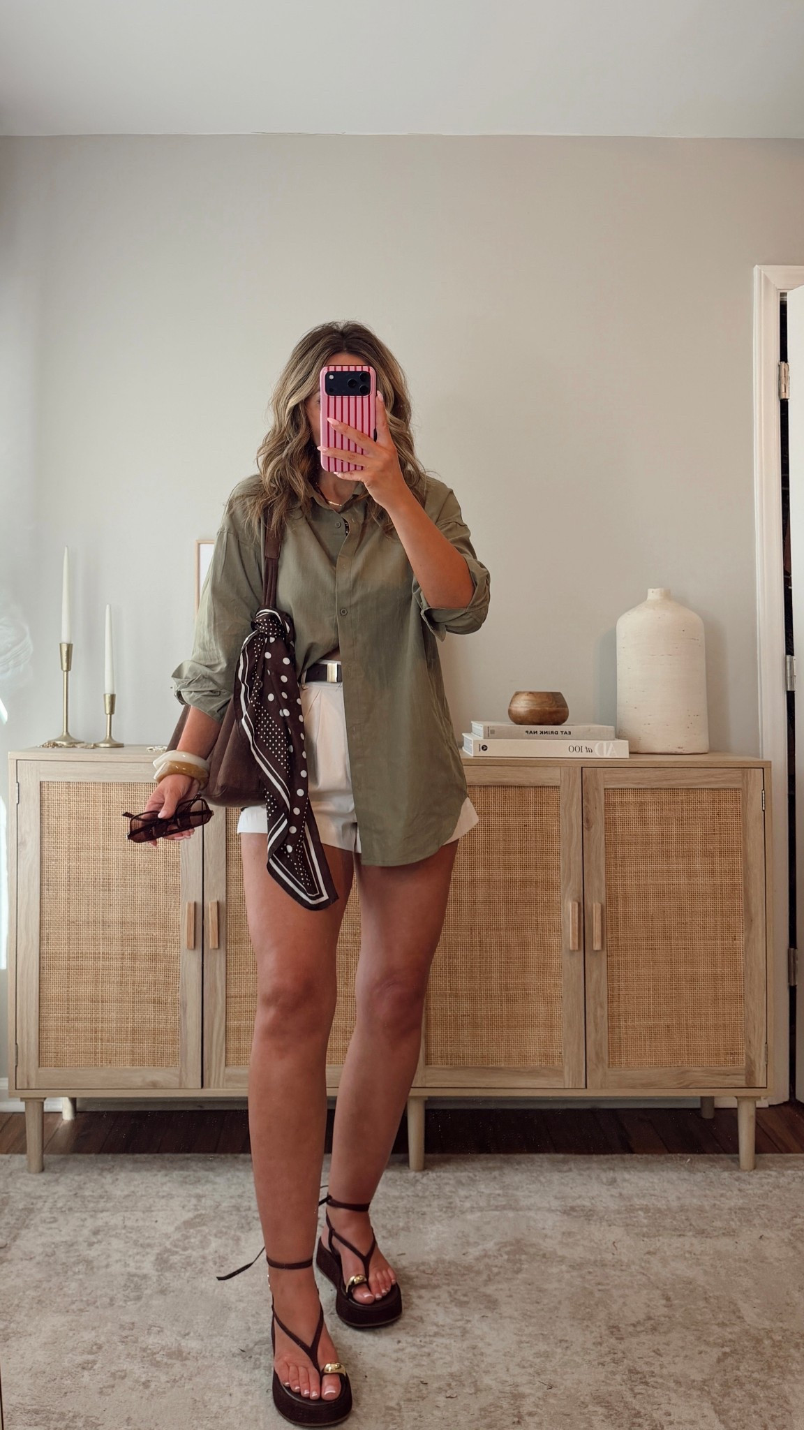 elevated casual spring outfit! easy +
 effortless button down top in a size M. so impressed with these shorts from amazon— such a good find!!! quality is 12/10! i’m in a size M. i’m obsessed with the details of these sandals! the chocolate brown suede, gold ring, wrap detail— so good! side note because of the platform, they’re a little heavy when walking. amazon fashion, amazon find, revolve, spring outfit, resort outfit 

#LTKootd #LTKgrwm