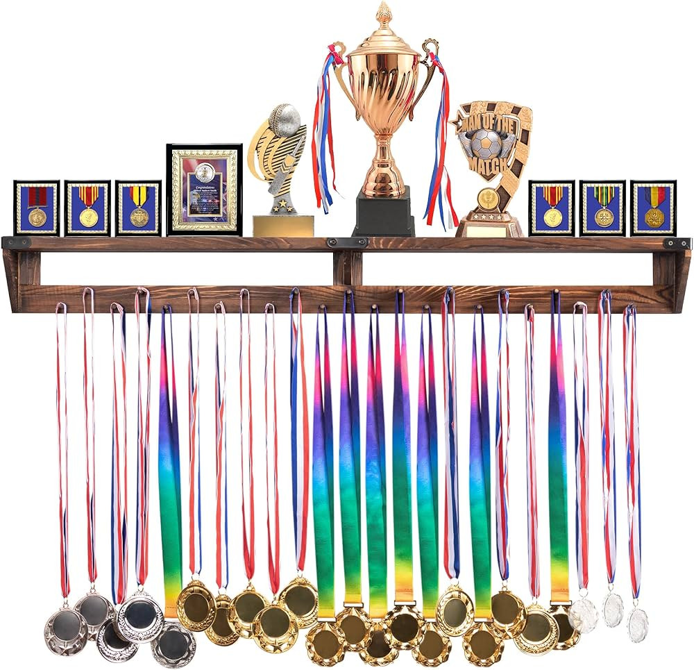 LAVIEVERT Gymnastic Medal Hanger with Storage Shelf, Wooden Wall-Mounted Trophy Shelf, Race Medal... | Amazon (US)