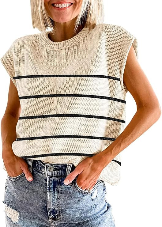 Womens Summer Sweater Vest Cap Sleeve Crew Neck Casual Loose Fit Knit Lightweight Pullover Tank T... | Amazon (US)