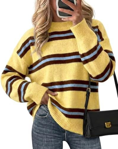 Cicy Bell Womens Striped Pullover Sweater Color Block Casual Loose Knit Top | Crew Neck, Drop Sho... | Amazon (US)