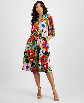 Sandra Darren Women's Floral-Print Split-Neck Midi Dress - Macy's | Macy's