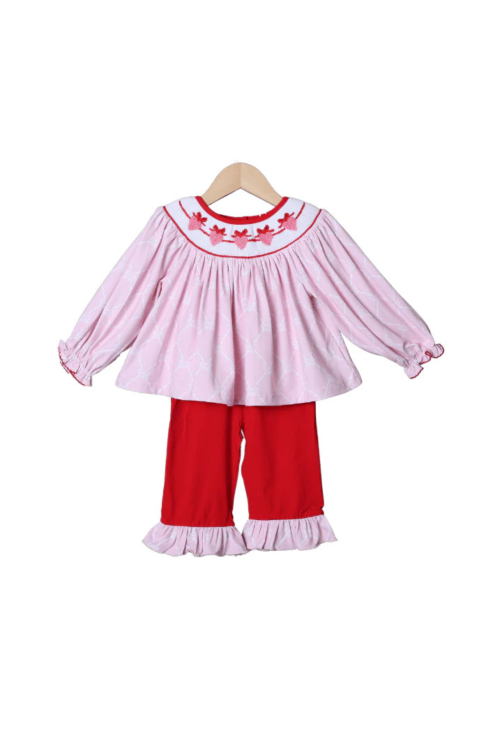 Smocked Sweetheart Bow Pink Knit Pant Set | The Smocked Flamingo