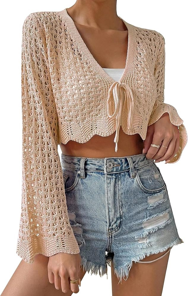 Women Tie Up Open Front Cardigan Hollow Out Crochet Knit Long Sleeve Scallop Trim Crop Tops | Amazon (US)