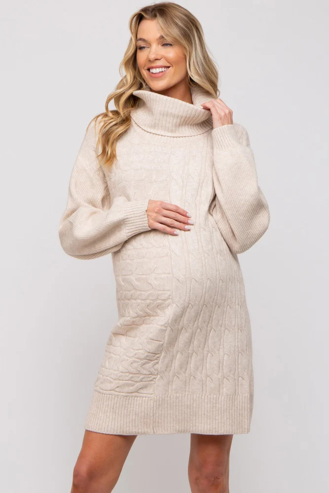 Beige Cable Knit Maternity Mini Sweater Dress | PinkBlush Maternity