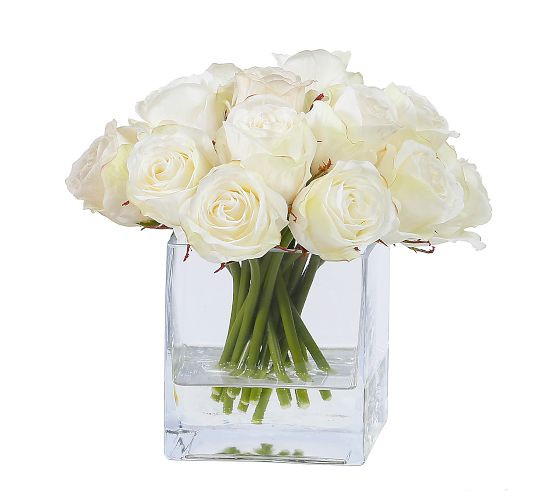 Faux Composed Roses in Square Vase | Pottery Barn (US)