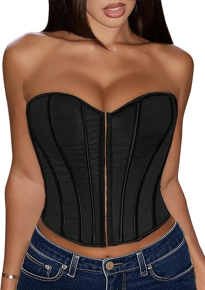 Overbust Corset Tops for Women Lace up Strapless Boned Bustier Lingerie Bodyshaper Top | Amazon (US)