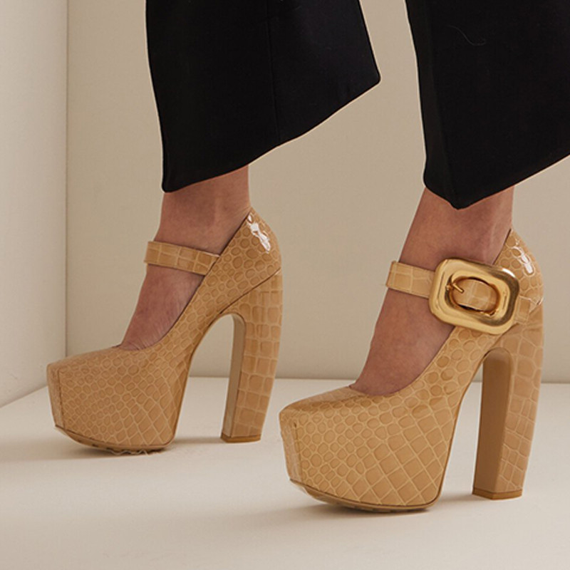 Khaki Patent Leather Platform Heels Croco Embossed Mary Jane Pumps | FSJshoes.com