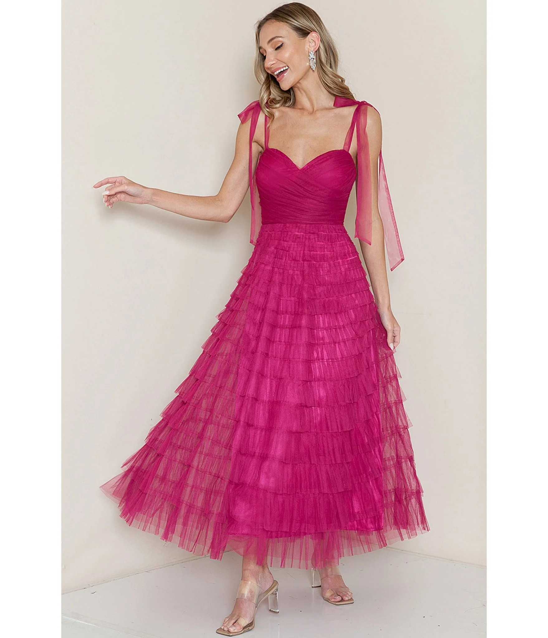 Pink Tulle Tiered Midi Dress | UniqueVintage