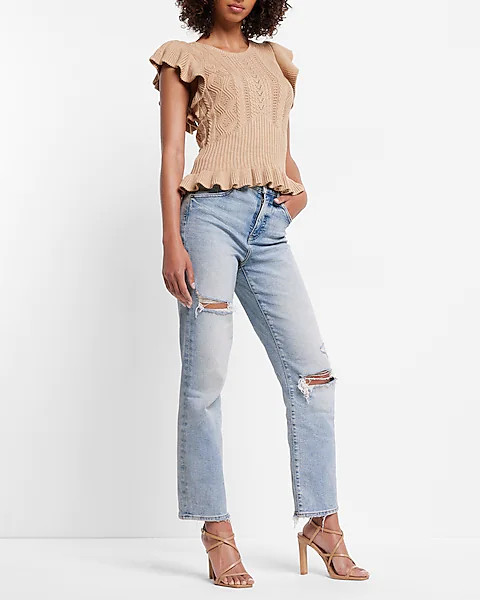 Ruffle Mixed Knit Peplum Sweater | Express