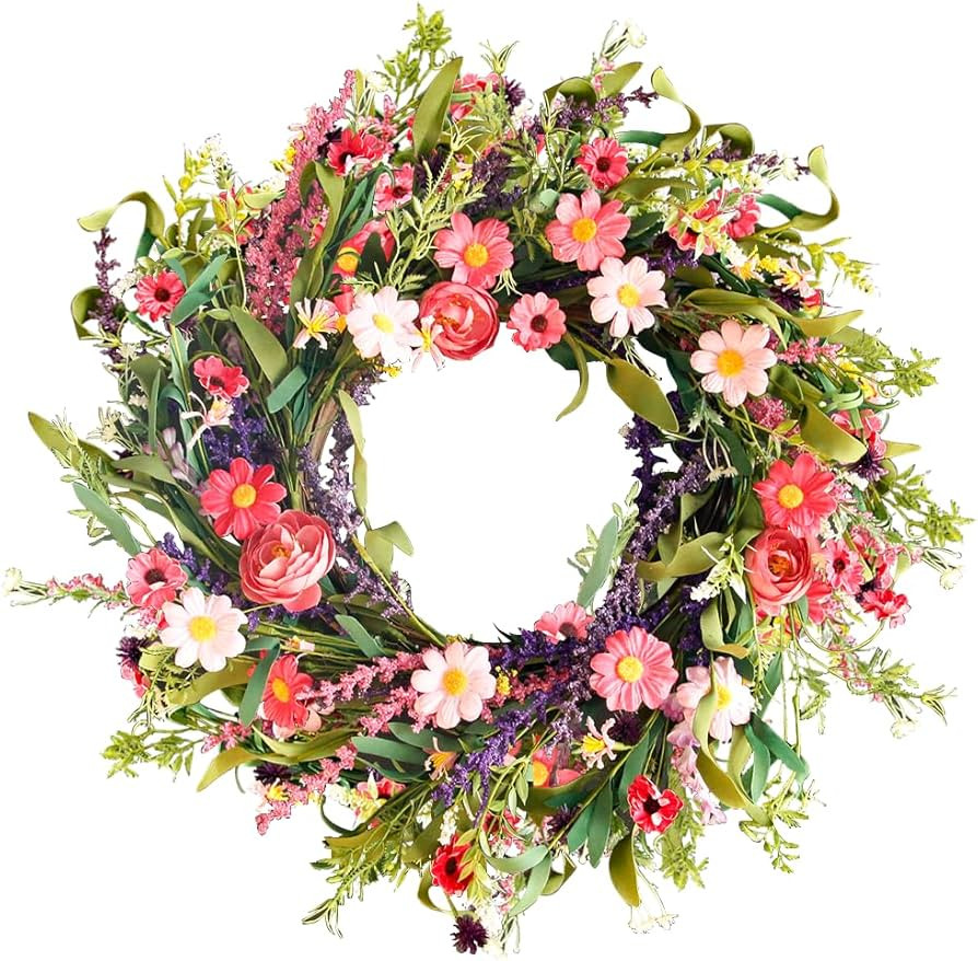 Qingbei Rina Spring Wreaths for Front Door, 24 Inch Floral Wreath for Decorating with Daisy and L... | Amazon (US)