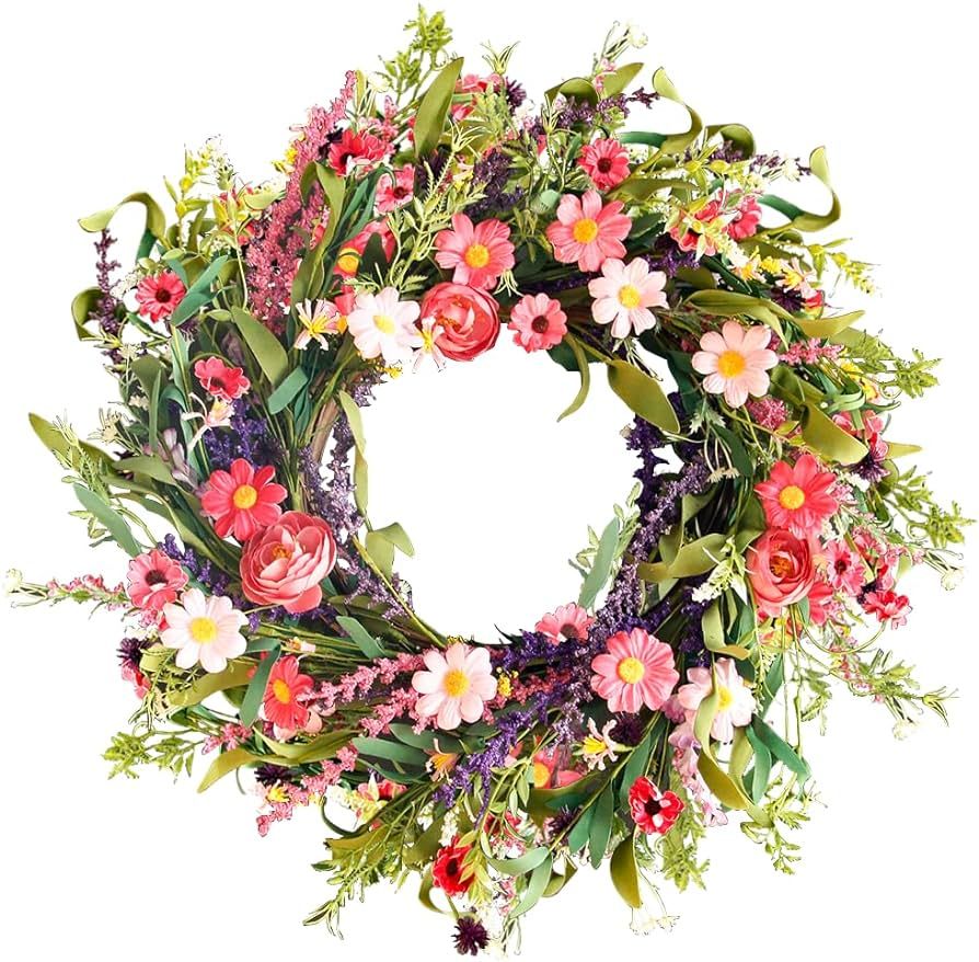 Qingbei Rina Spring Wreaths for Front Door, 24 Inch Floral Wreath for Decorating with Daisy and L... | Amazon (US)