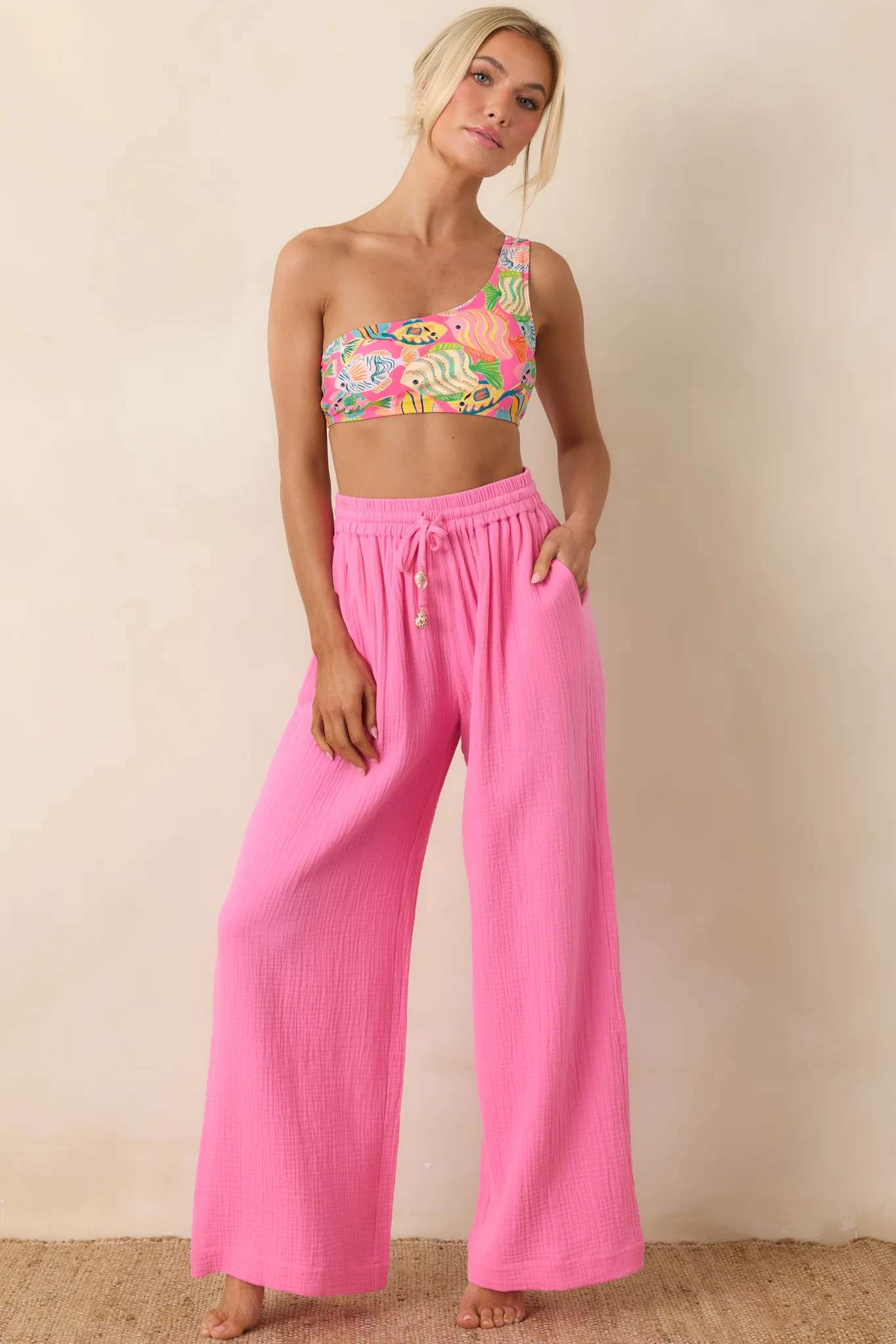 Paradisa Dunedin Pink Cotton Wide Leg Drawstring Pants | Red Dress
