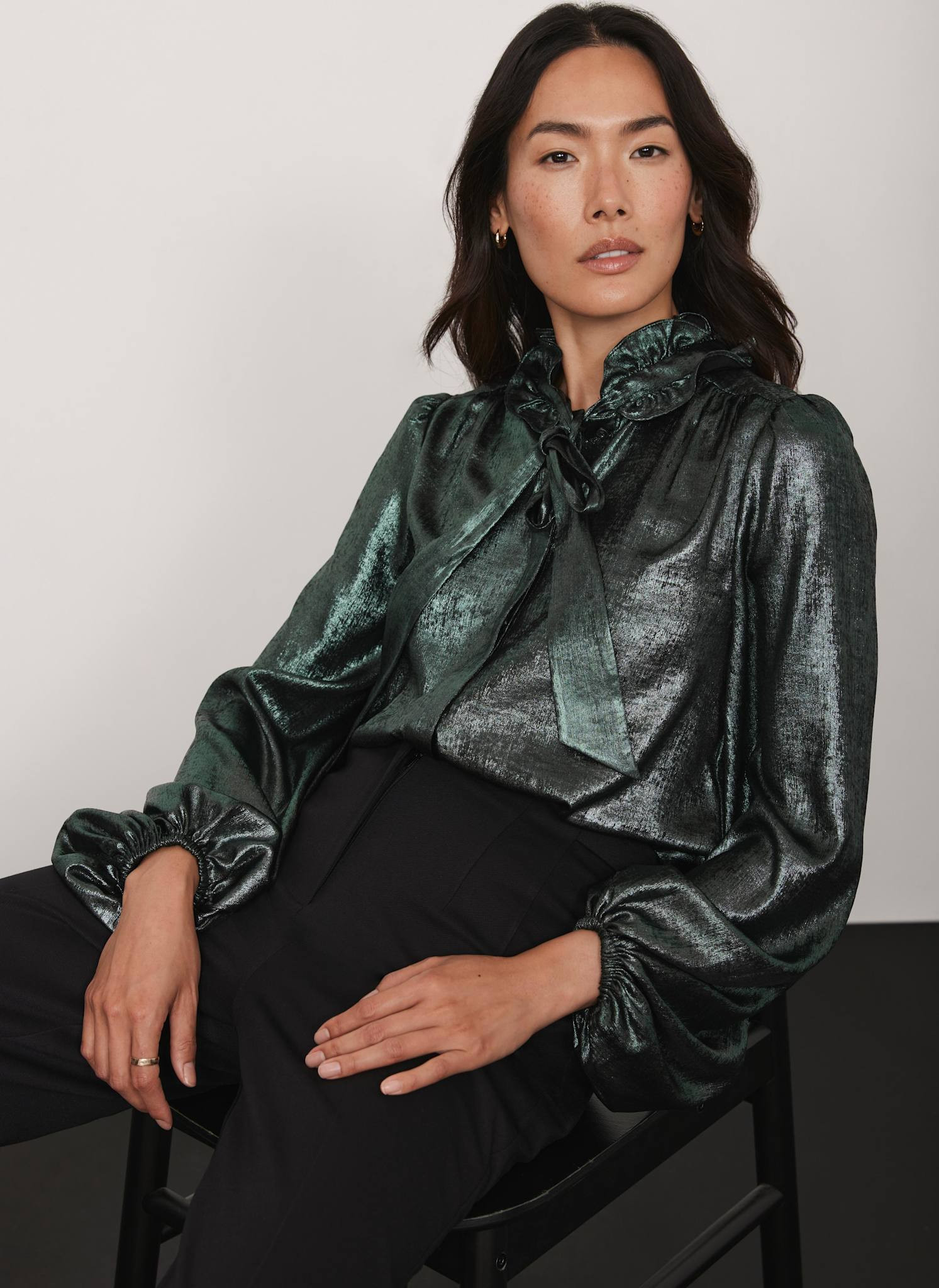 Green Metallic Pussy Bow Blouse | Mint Velvet