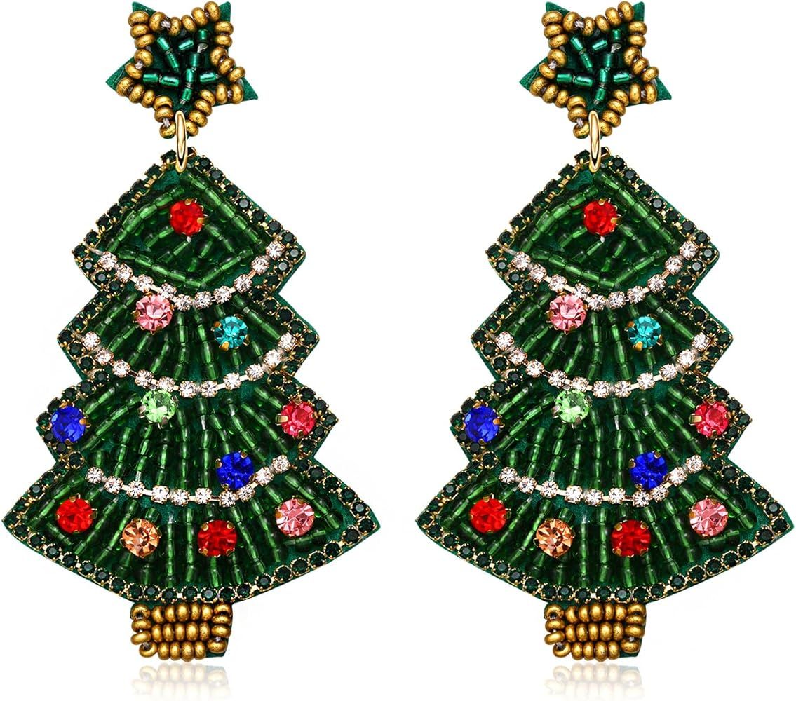 YAHPERN Christmas Earrings for Women Holiday Earrings Beaded Xmas Tree Dangle Earrings Christmas ... | Amazon (US)