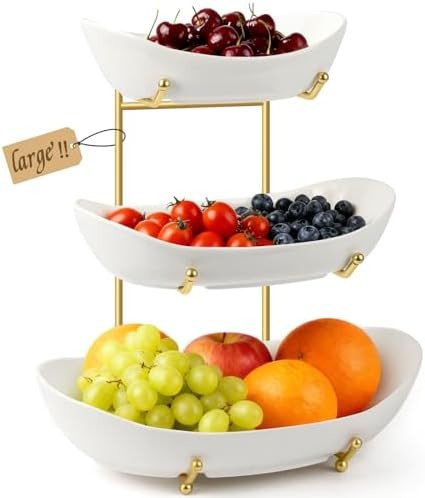 Large Fruit Bowl for Kitchen Counter, 3 Tier Ceramic Fruit Basket with Metal Stand, Tiered Fruit ... | Amazon (US)