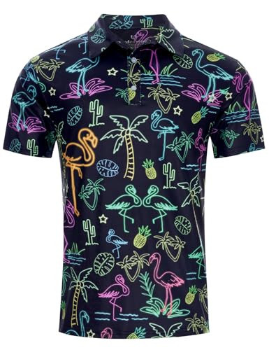 uideazone Mens Funny Polo Shirts Fit Slim Casual Golf Shirt Neon Flamingo Printed Short Sleeve | Amazon (US)