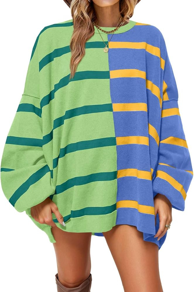 Fisoew Womens Striped Pullover Sweater Crew Neck Long Sleeve Loose Sweaters | Amazon (US)