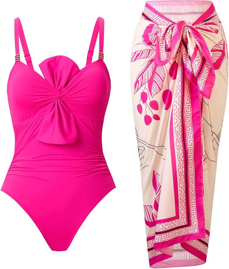 One Piece Swimsuit for Women with Cover Up Set Retro Bathing Suit Tummy Control Knot Swimwear Bea... | Amazon (US)