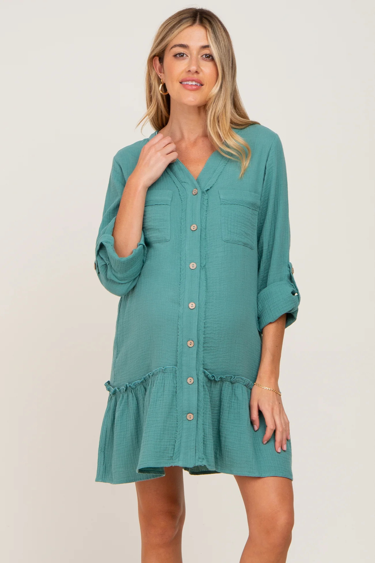Sage Button Down Long Sleeve Ruffle Hem Maternity Dress | PinkBlush Maternity
