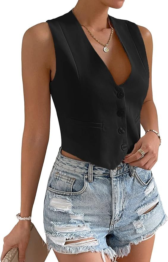 Floerns Women's Solid Sleeveless Button Front V Neck Vest Waistcoat Crop Top | Amazon (US)