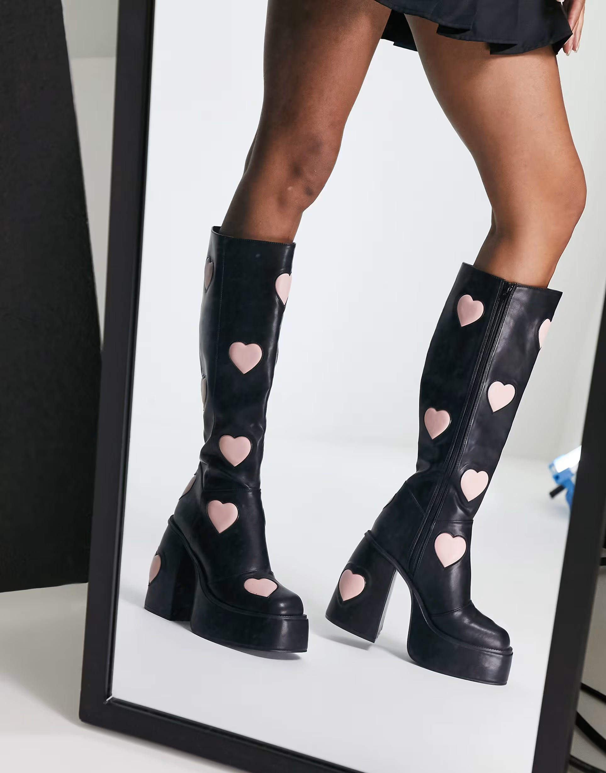 ASOS DESIGN Cobra chunky platform knee boots in black & heart print | ASOS (Global)