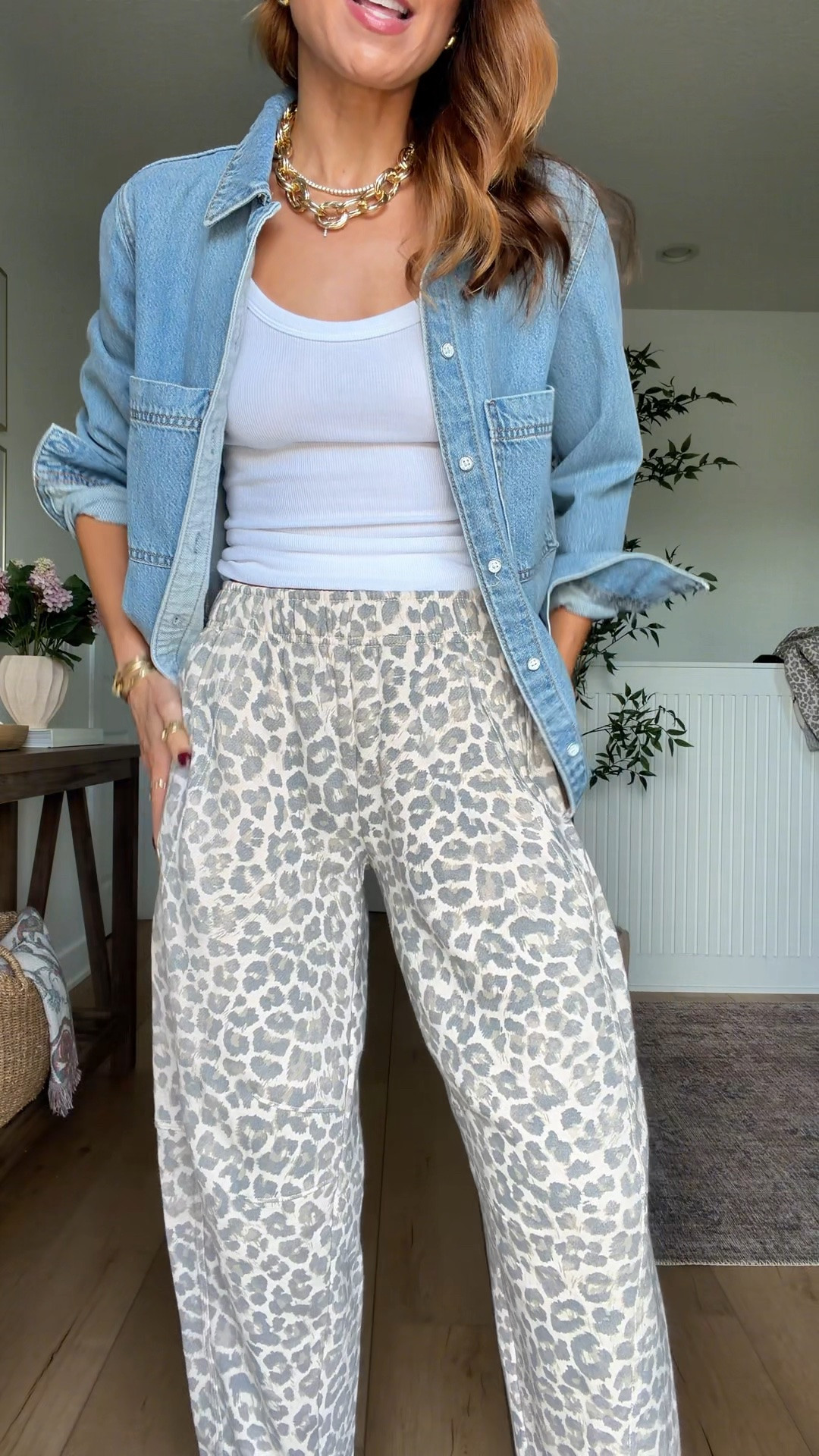 Casual outfit. Travel outfit. Mom outfit. Leopard barrel leg sweatpants in XXS regular - short length is available in all other sizes. Stretchy and elastic waist and pockets! Slim fitting denim top in XS. Machine washable clogs - whole sizes only. I’m a 6.5 and did a 6 per reviews!

#LTKootd #LTKTravel #LTKgrwm