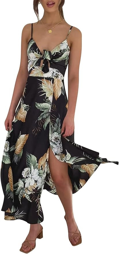 Fashionme Women Spaghetti Strap Midi Satin Dresses Tie Front Backless Slit Cutout Dress Semi-Form... | Amazon (US)