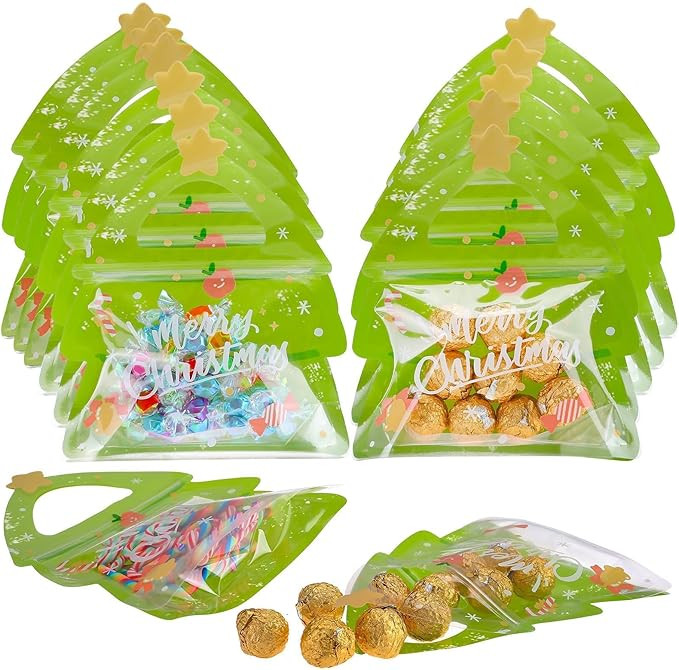 HKOYTIUP 30Pcs Christmas Ziplock Bags Christmas Candy Bags Resealable Goodie Bag Xmas Tree Clear ... | Amazon (US)