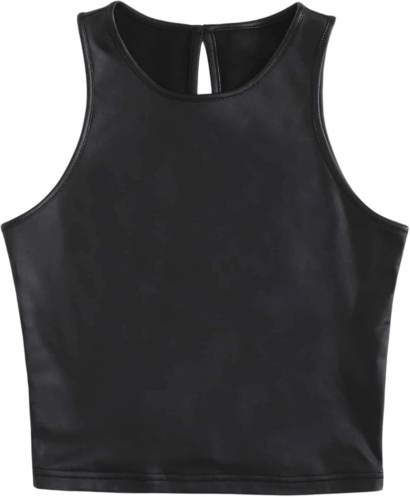 MakeMeChic Women's Casual Faux Leather Sleeveless Slim Fit PU Leather Crop Tank Tops | Amazon (US)