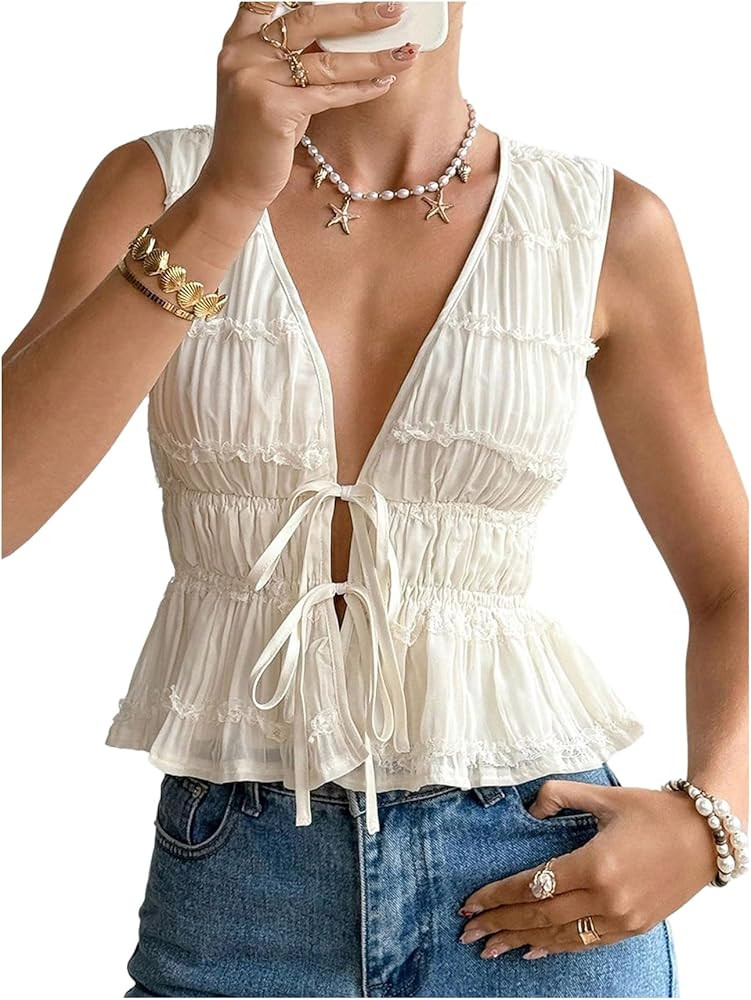 SOLY HUX Women's Deep V Neck Tie Front Blouse Floral Sleeveless Peplum Ruffle Hem Shirt Tops | Amazon (US)