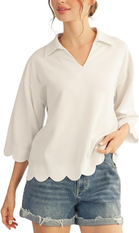 Womens Scallop Edge Detail Solid Top 3/4 Sleeve V-Neck Collared Blouse Shirt | Amazon (US)