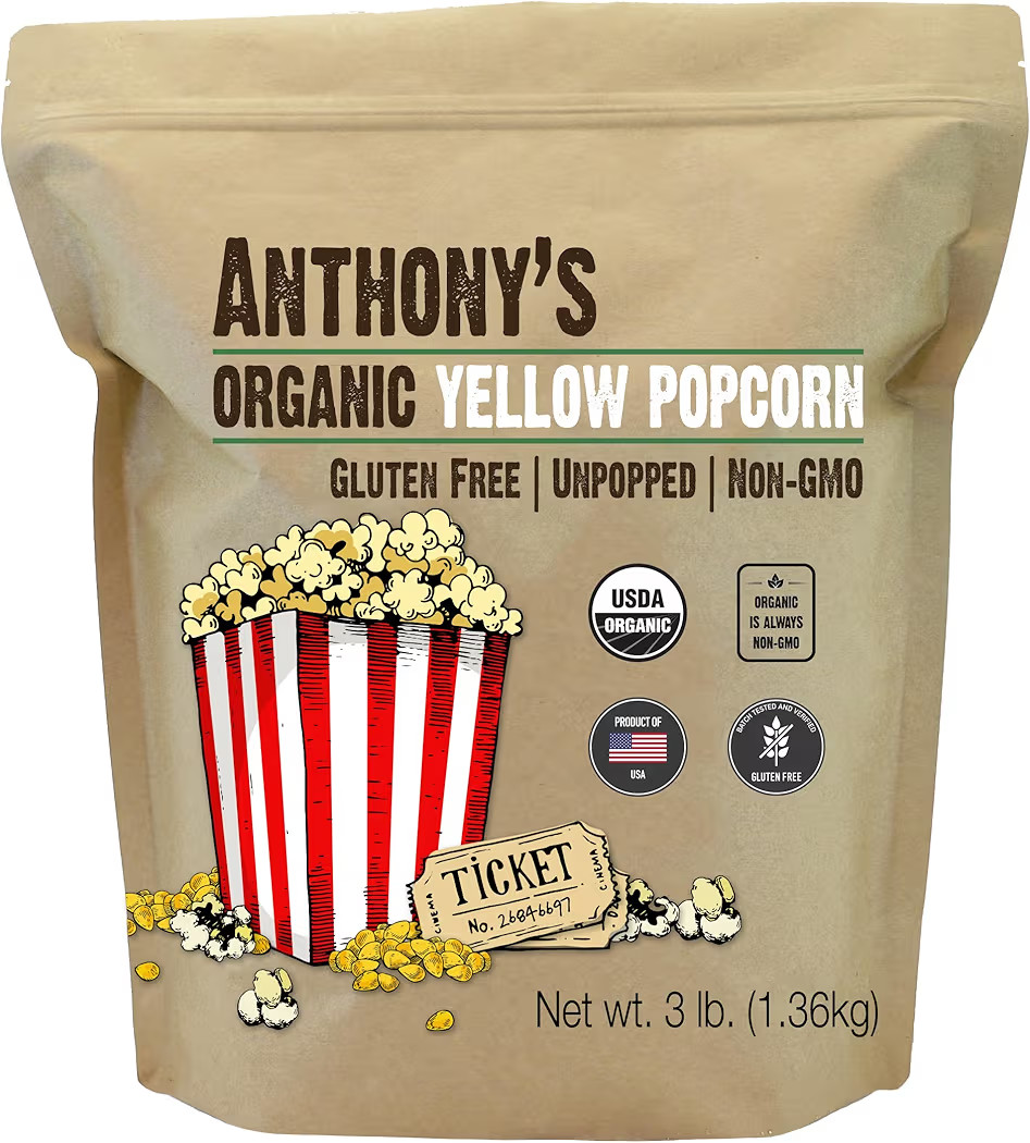 Anthony's Organic Yellow Popcorn Kernels, 3 lb, UnPopped, Gluten Free, Non GMO | Amazon (US)