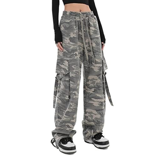 Women Cargo Pants Baggy Y2K Clothing Multi Pockets High Waist Loose Straight Leg Pants Vintage Grunge Aesthetic Clothes (E Shadow,XL) | Amazon (US)